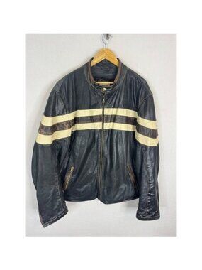 CMM Canada Mens 4XL Black Leather Cafe Racer Jacket Striped Biker Moto Coat